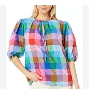 Kate Spade Madras Tie Neck Top Blouse Blue Multicolor Puckered Check